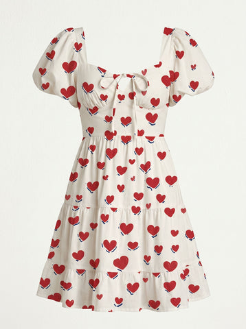 Floral Print Puff Sleeve Tiered Mini Dress