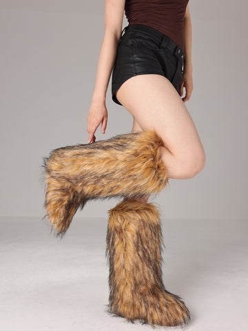 Plush Faux Fur Slip-On Design Cozy Boot-Brown