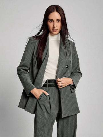 SAÏA Peaked Lapel Double-Breasted Tailored Waist Blazer-Gray