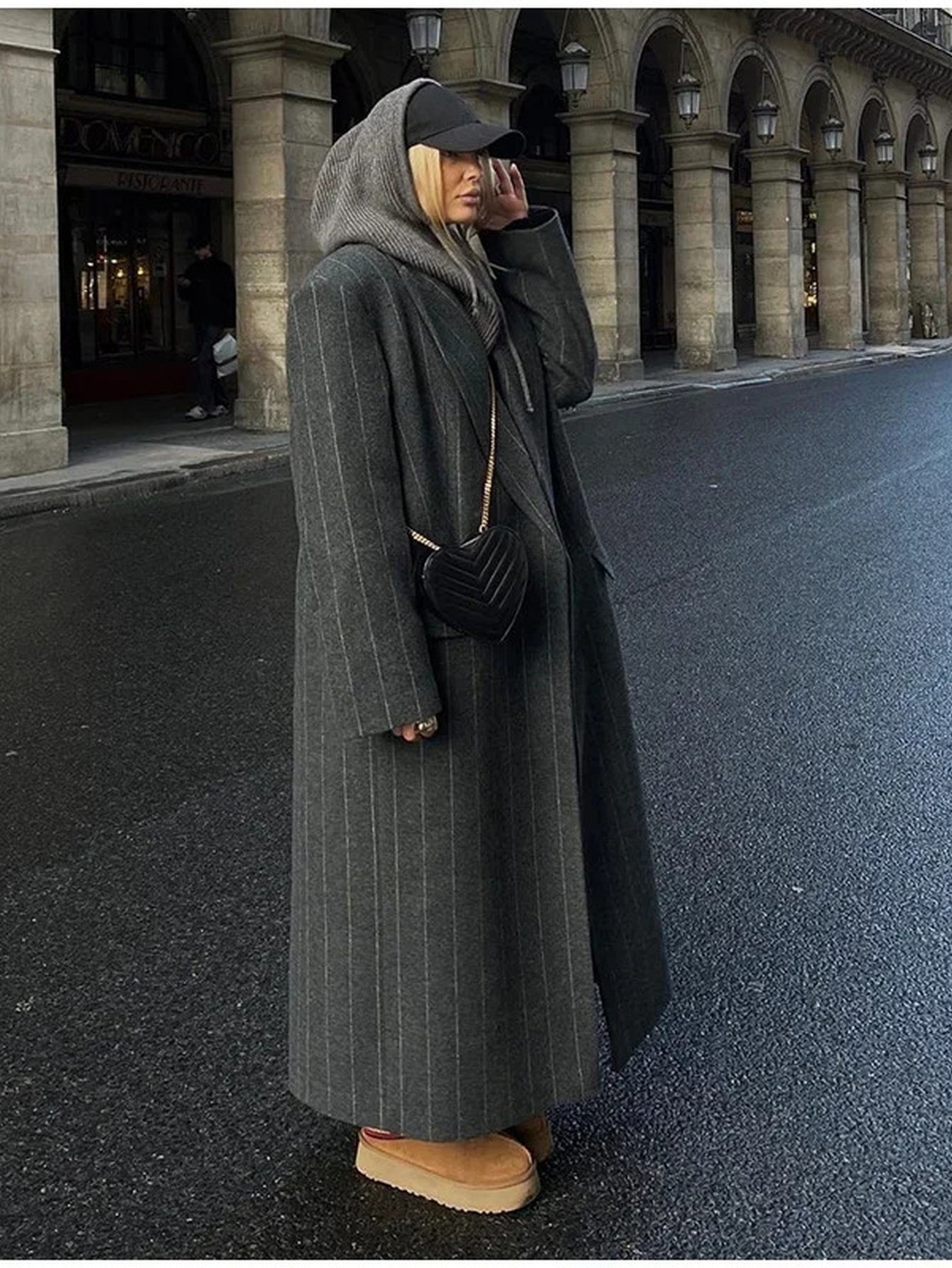 Double Breasted Striped Wool Coat