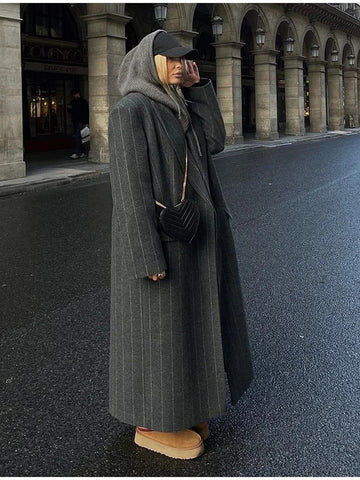 Double Breasted Striped Wool Coat