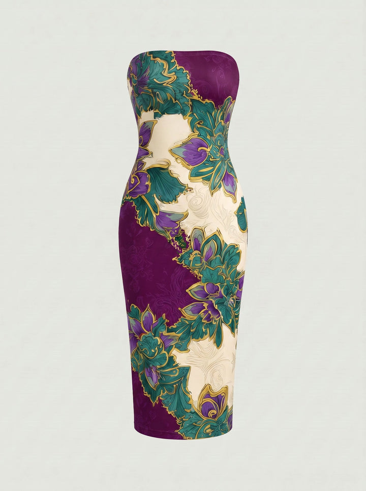 MAIA Baroque Floral Print Strapless Sheath Midi Dress