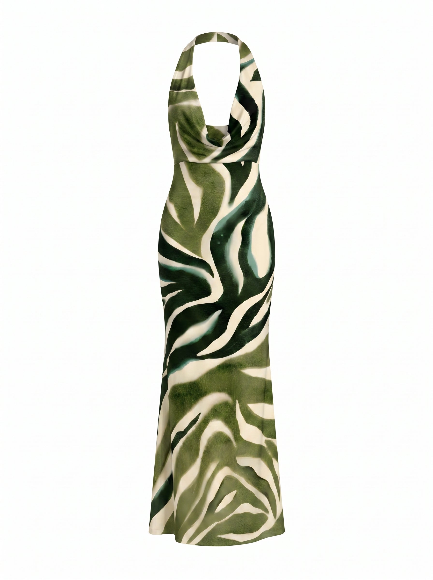 LILA Green Zebra Print Cowl Neck Bodycon Maxi Dress
