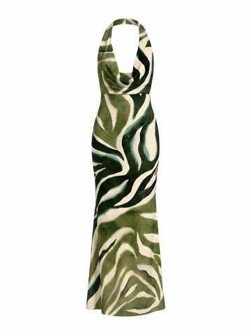 LILA Green Zebra Print Cowl Neck Bodycon Maxi Dress