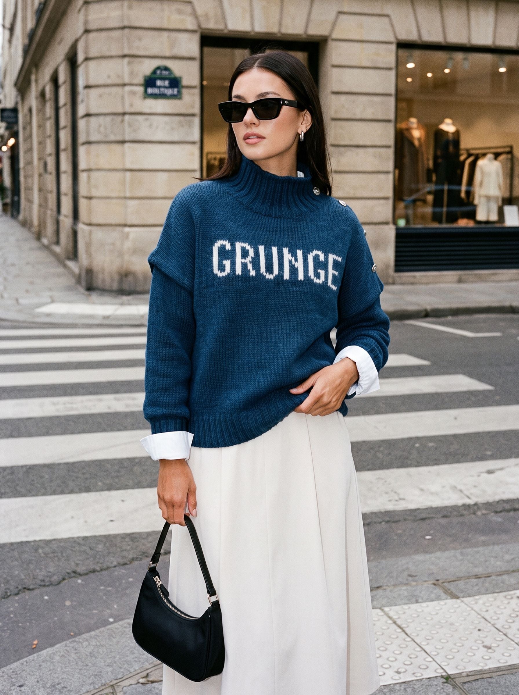 Graphic Mock Neck Layered Knit Sweater