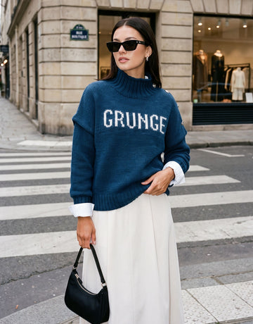 Graphic Mock Neck Layered Knit Sweater