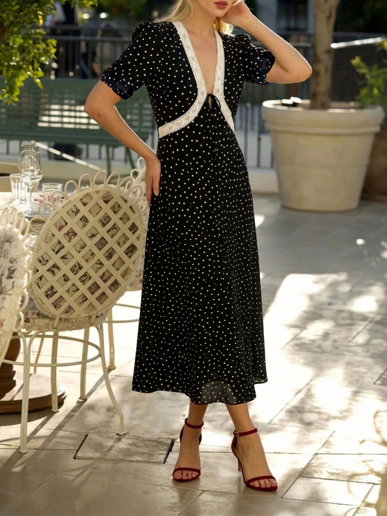 Polka Dot Lace Trim Midi Dress