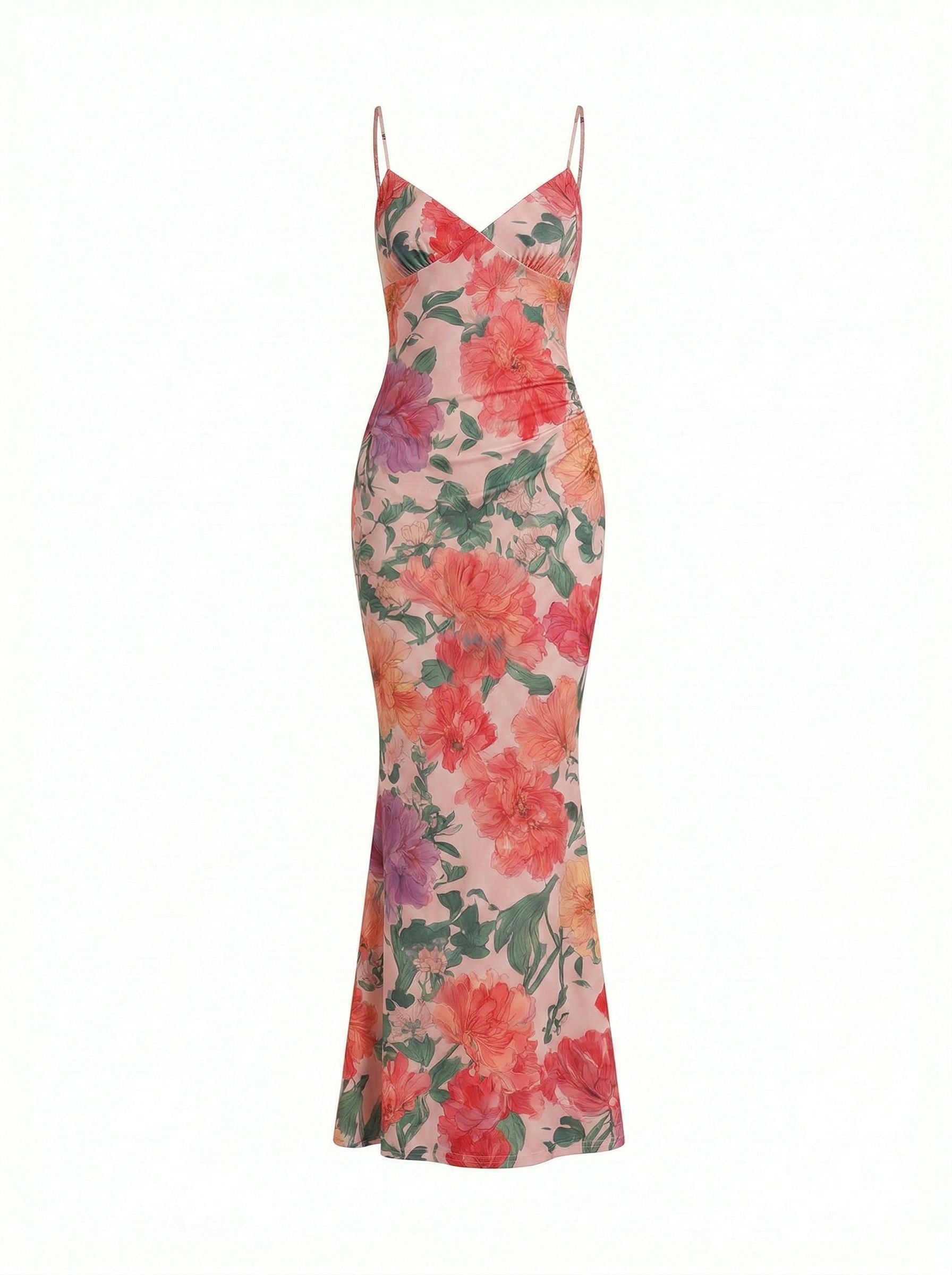 Floral Print Spaghetti Strap Bodycon Maxi Dress