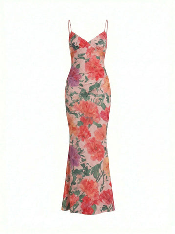 Floral Print Spaghetti Strap Bodycon Maxi Dress