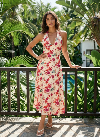 Floral Print Halter Neck Tie Back Midi Dress