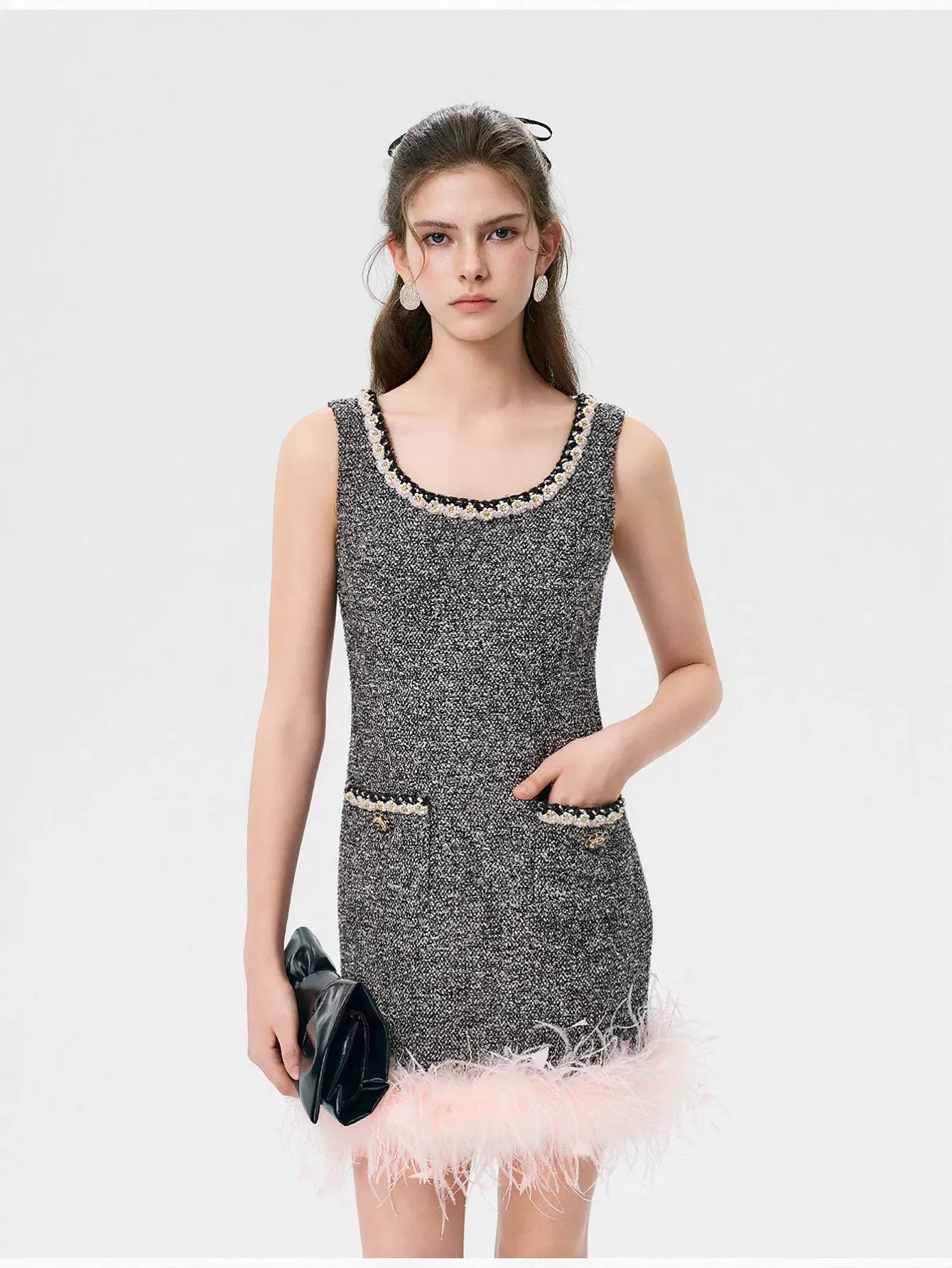 Feather Trim Tweed Mini Dress