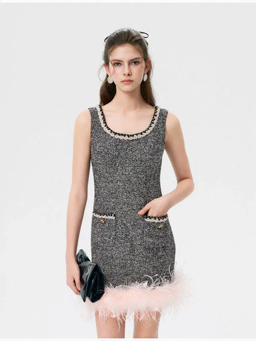 Feather Trim Tweed Mini Dress
