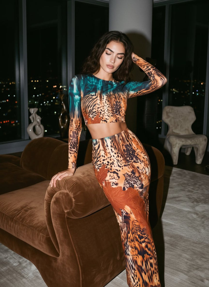 Mixed Leopard Print Maxi Skirt Set