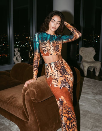 Mixed Leopard Print Maxi Skirt Set