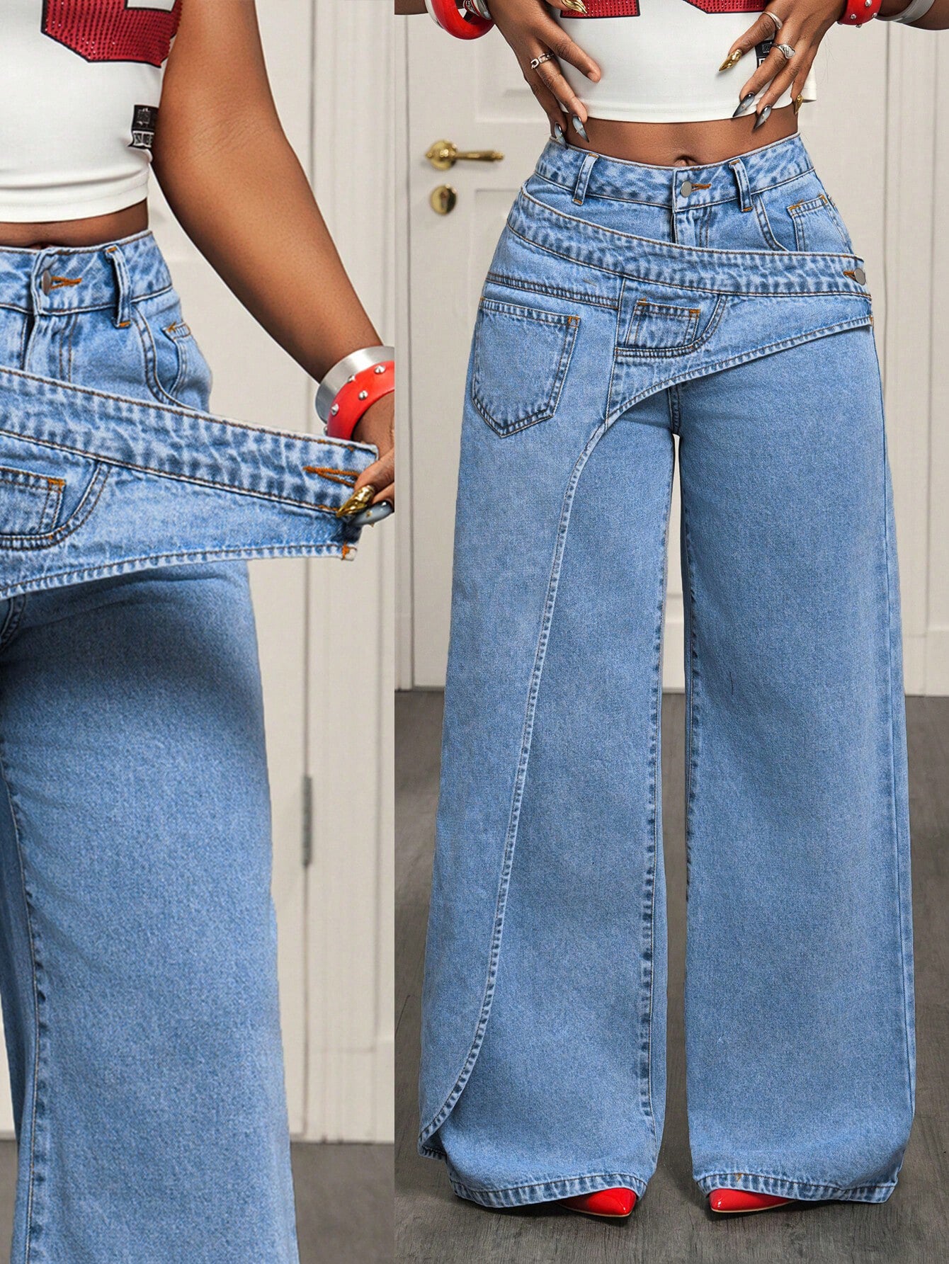High Waisted Asymmetric Wide Leg Jeans