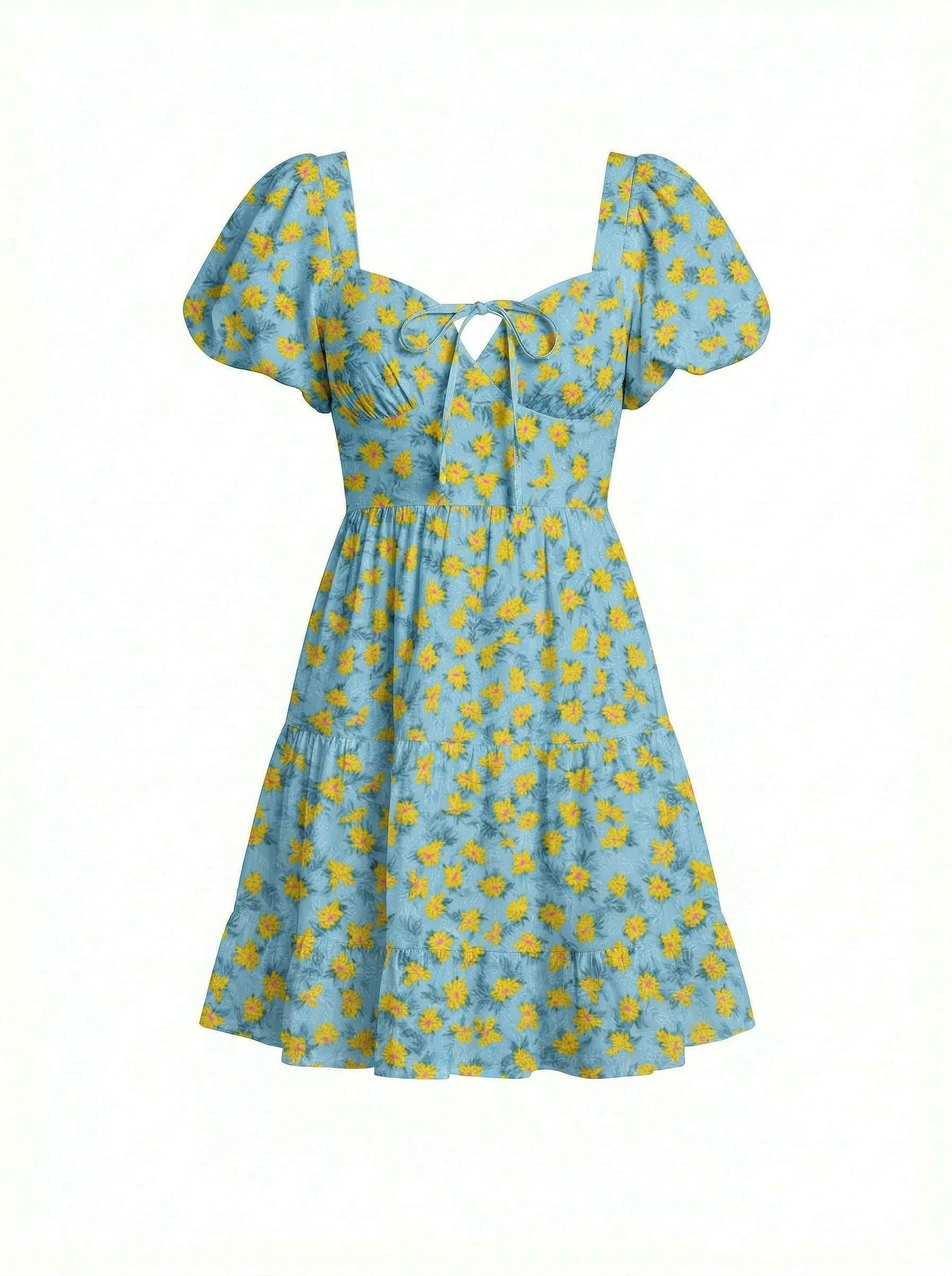 AYLA Floral Print Puff Sleeve Tiered Mini Dress