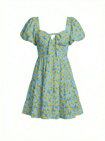 AYLA Floral Print Puff Sleeve Tiered Mini Dress