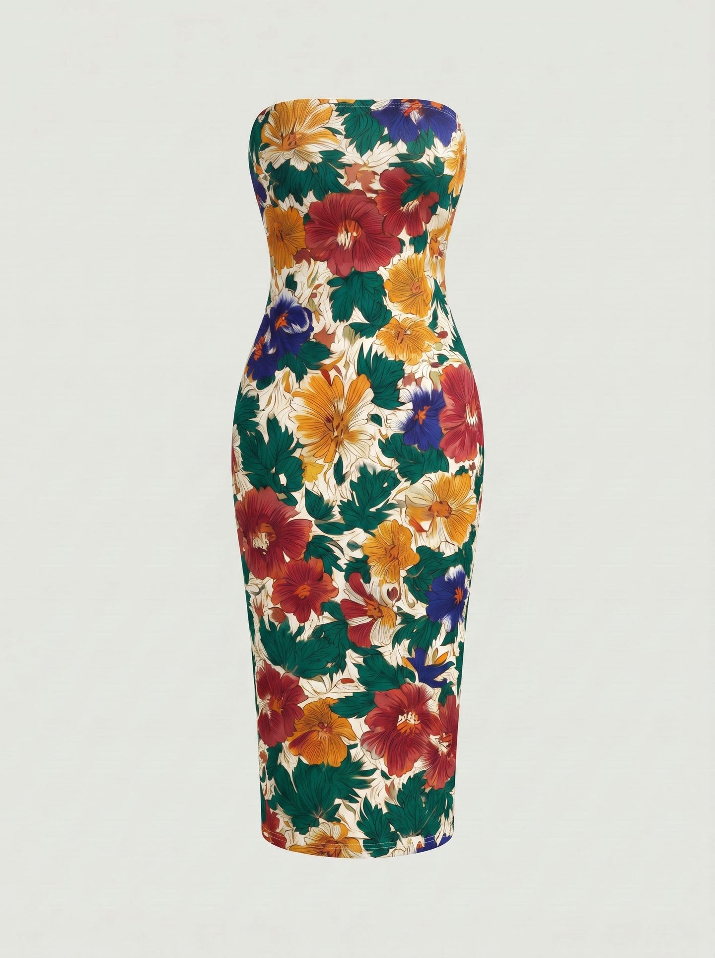 MAIA Tropical Hibiscus Print Strapless Sheath Midi Dress