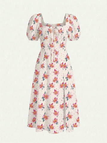 Floral Print Puff Sleeve Tie MidiDress