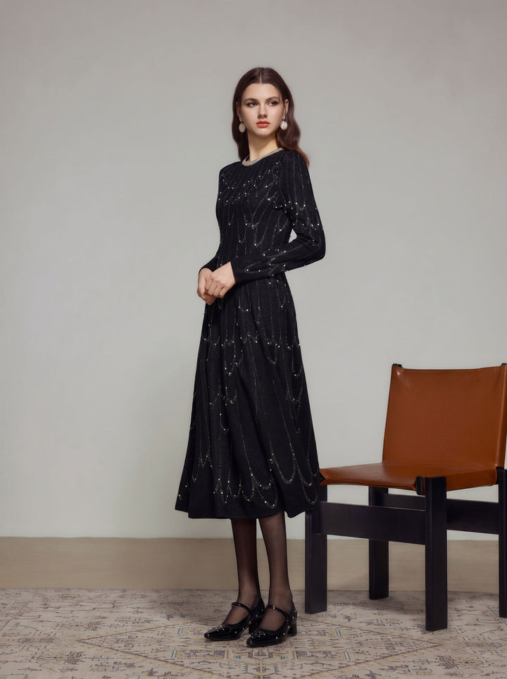 Embellished Beaded Long Sleeve Midi Dress