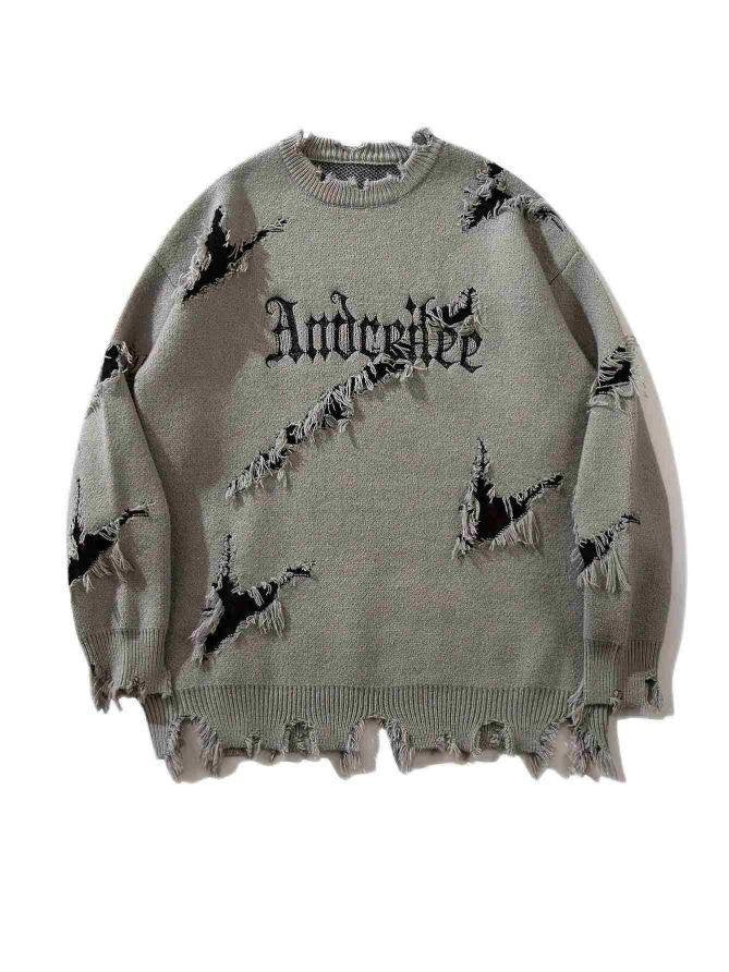 Distressed Oversized Graphic Knit Sweater