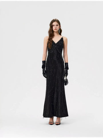 Embellished Satin V Neck Maxi Dress