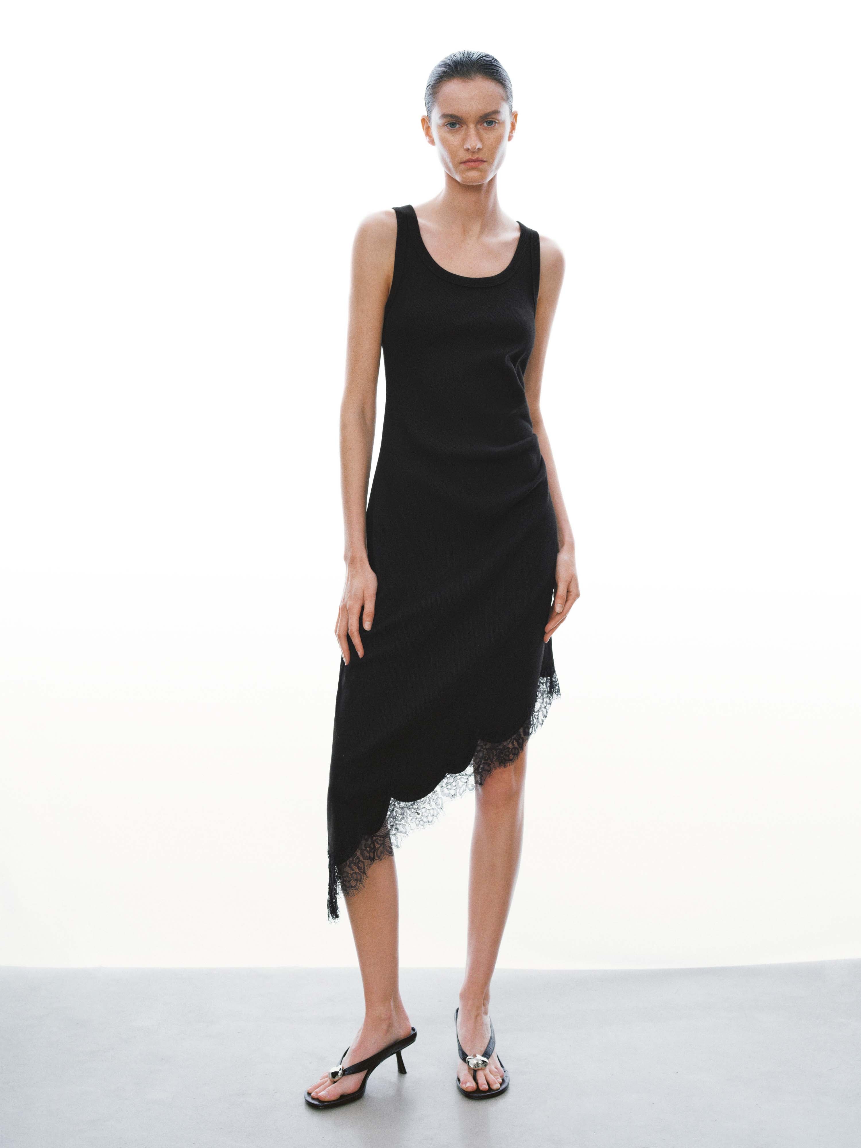 Asymmetric Lace Trim Sleeveless Skinny-Fit Midi Dresses