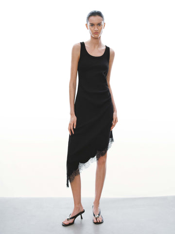 Asymmetric Lace Trim Sleeveless Skinny-Fit Midi Dresses