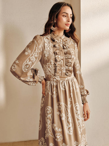 Boho Ruffled Paisley Print Maxi Dress