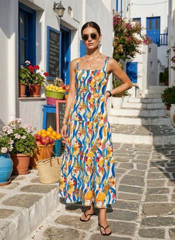 FLORA Floral Print Tiered Strap Midi Dress
