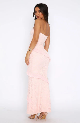 Off Shoulder Lace Tiered Vacation Maxi Dress