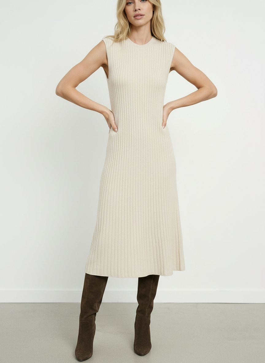 Solid Color Slim Fit Wool Knit Eleant Midi Dress-White
