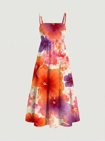 FLORA Floral Print Tiered Strap Midi Dress