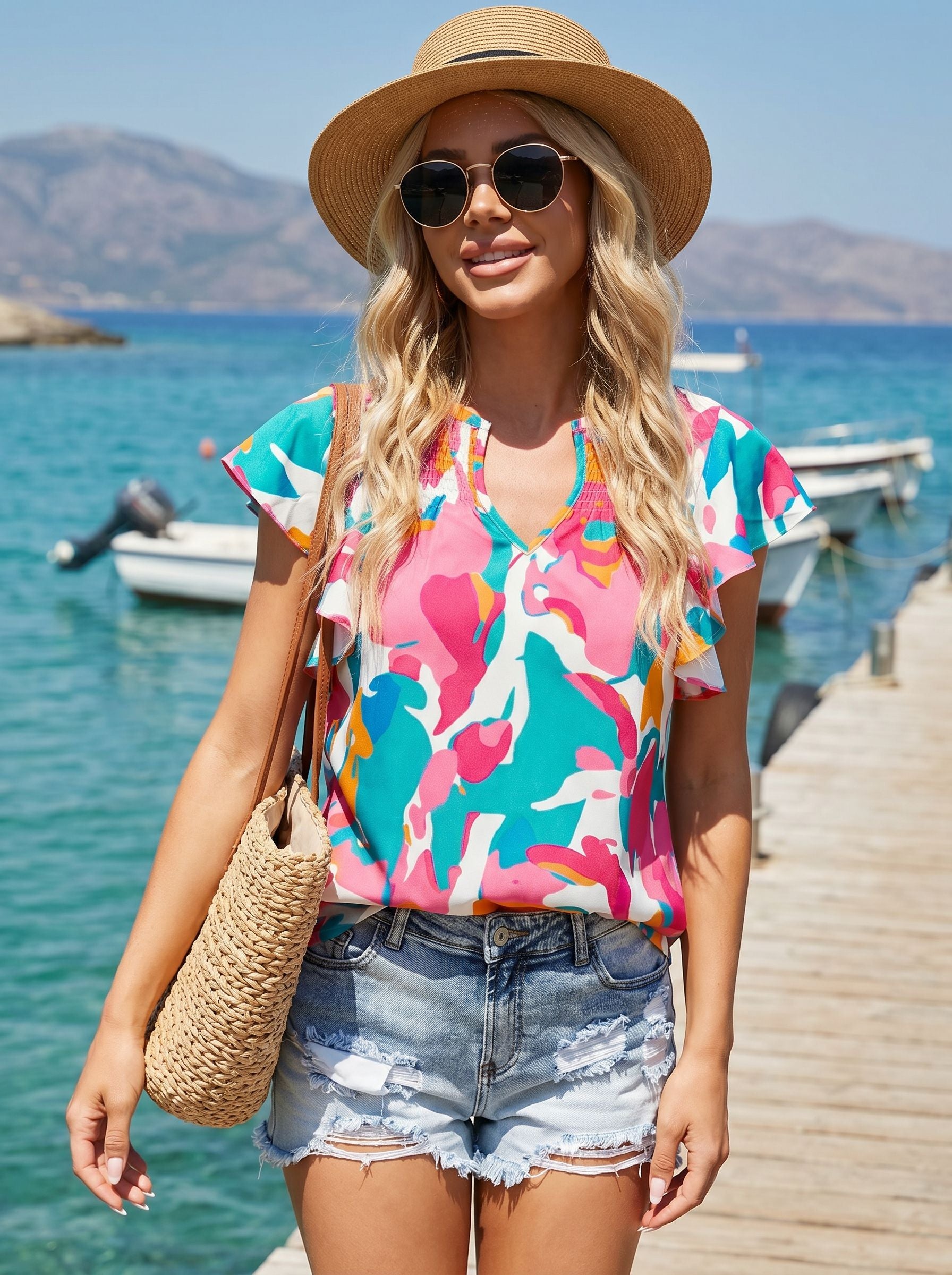 Abstract Print V Neck Blouse
