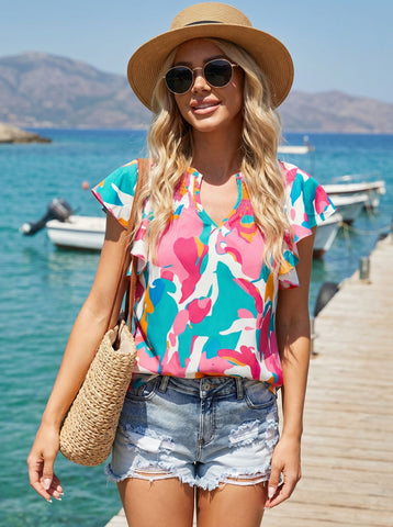 Abstract Print V Neck Blouse
