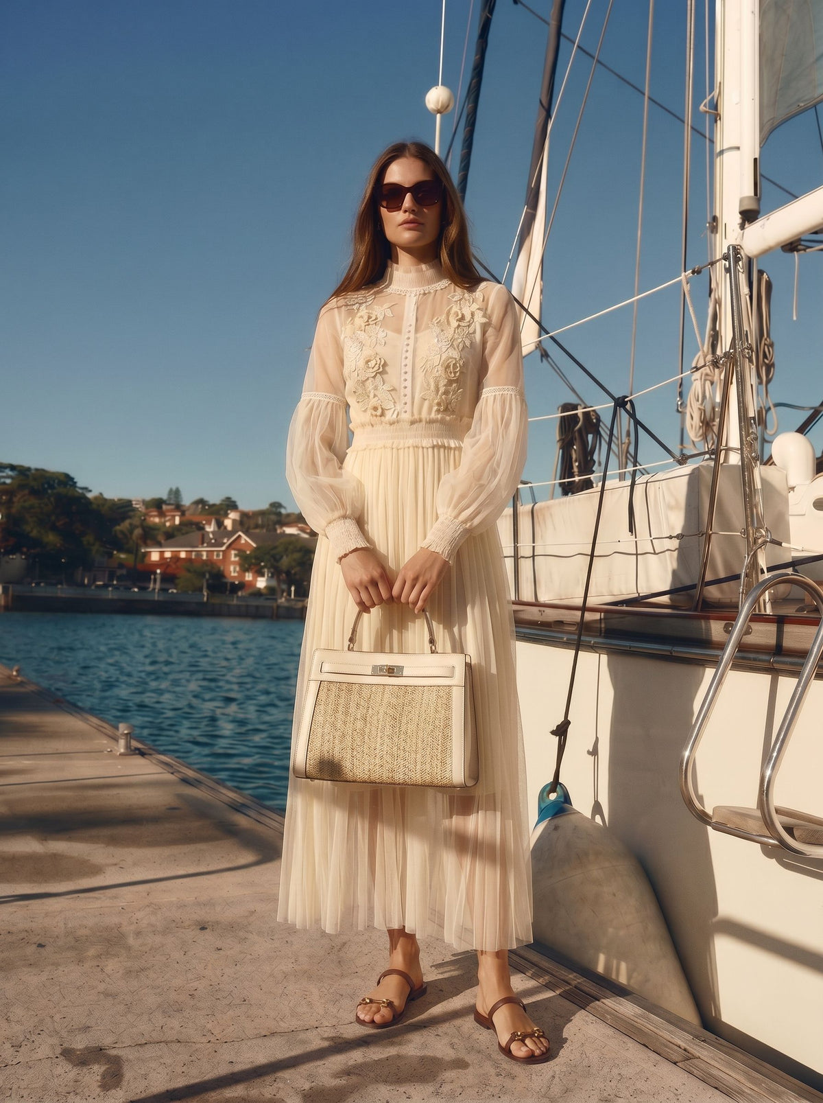 Sheer Embroidered Pleated Maxi Dress
