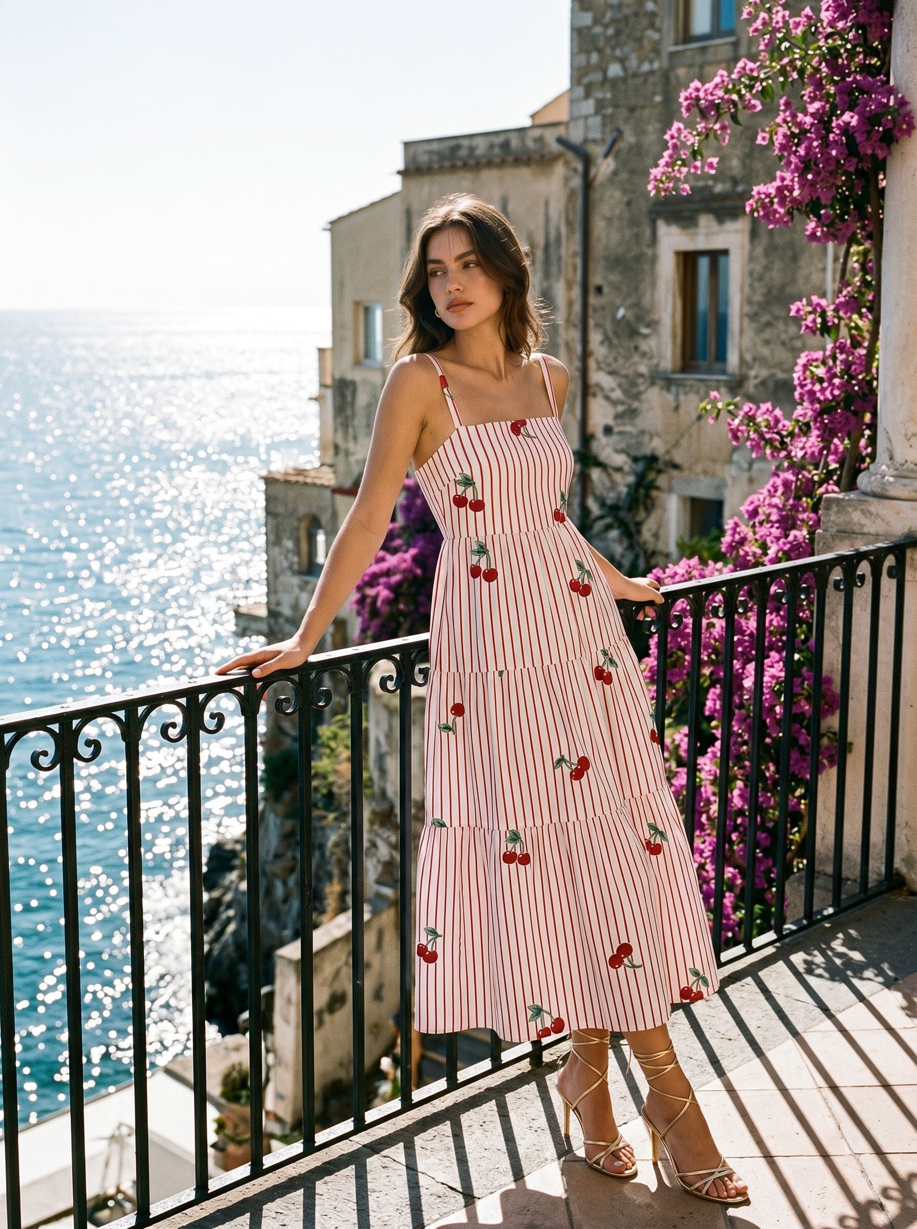 FLORA Floral Print Tiered Strap Midi Dress