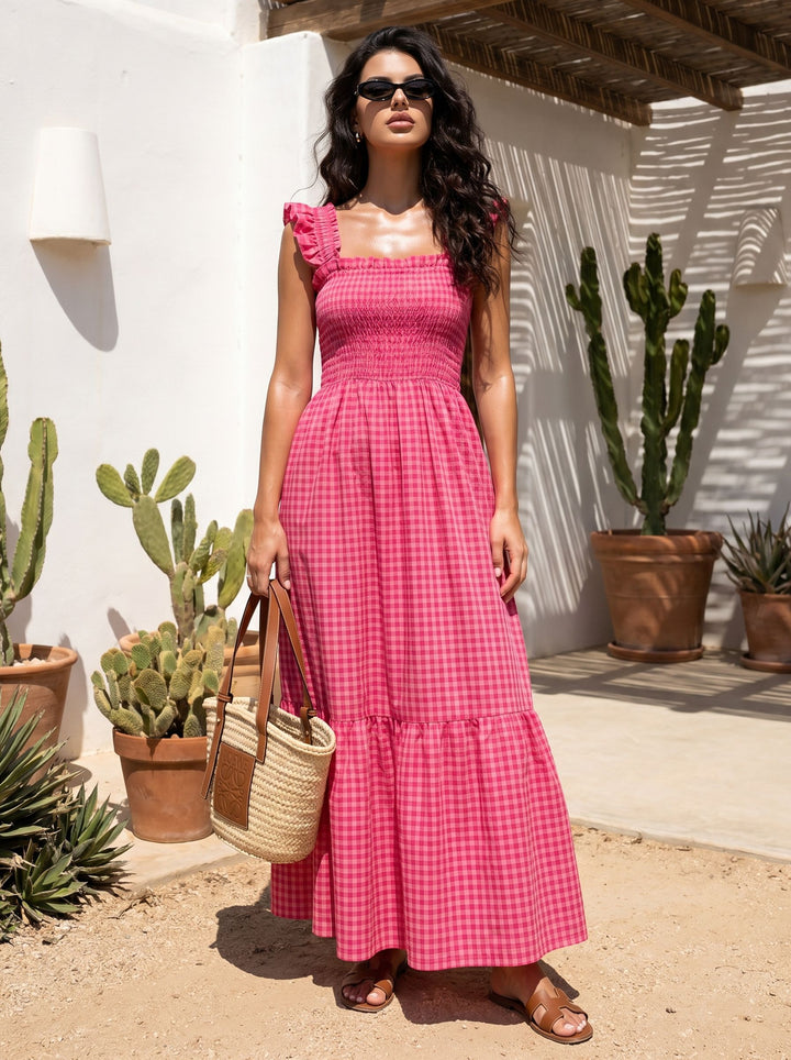 Smocked Ruffle Gingham Maxi Dress