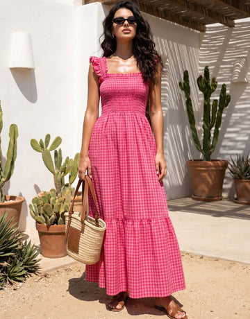 Smocked Ruffle Gingham Maxi Dress