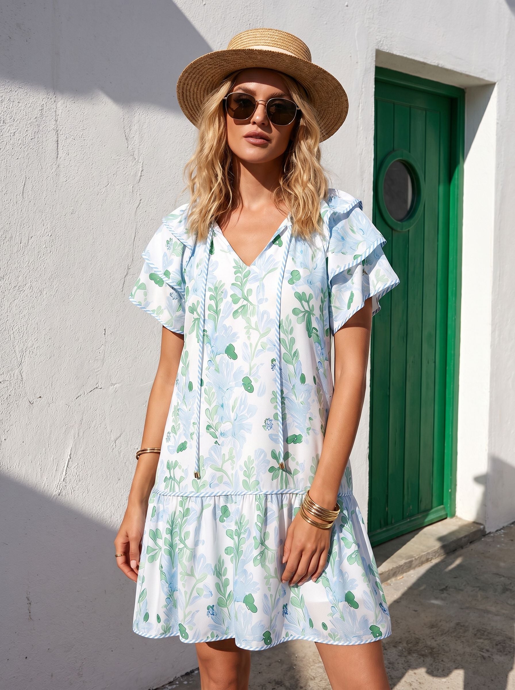Ruffle Sleeve Blue Trim Mini Dress