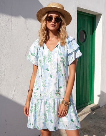 Ruffle Sleeve Blue Trim Mini Dress