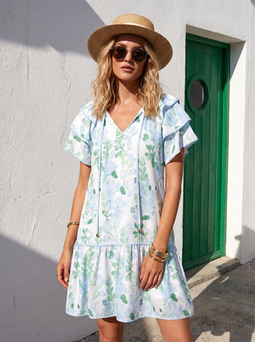 Ruffle Sleeve Blue Trim Mini Dress