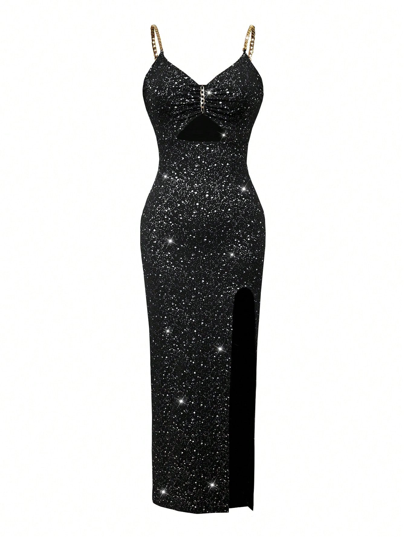 Glittery Cutout Chain Strap Midi Dress