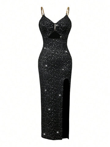 Glittery Cutout Chain Strap Midi Dress