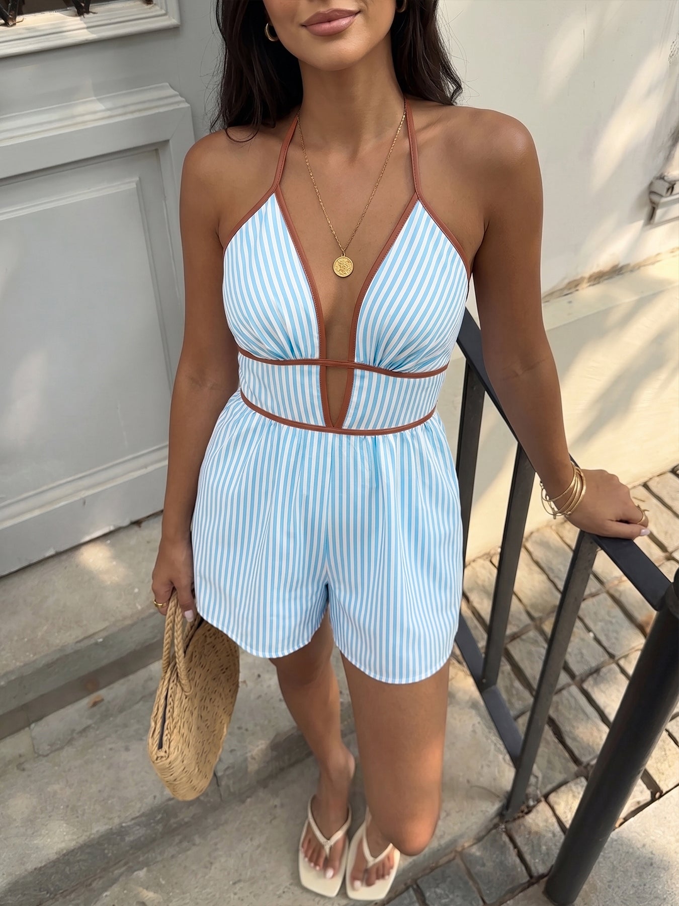 Backless Striped Plunge Neck Romper