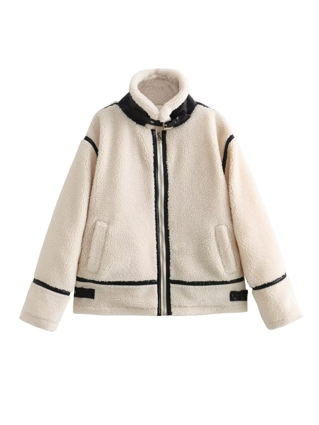 Cozy Faux Leather Trim Fleece Jacket