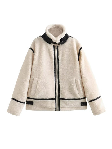 Cozy Faux Leather Trim Fleece Jacket