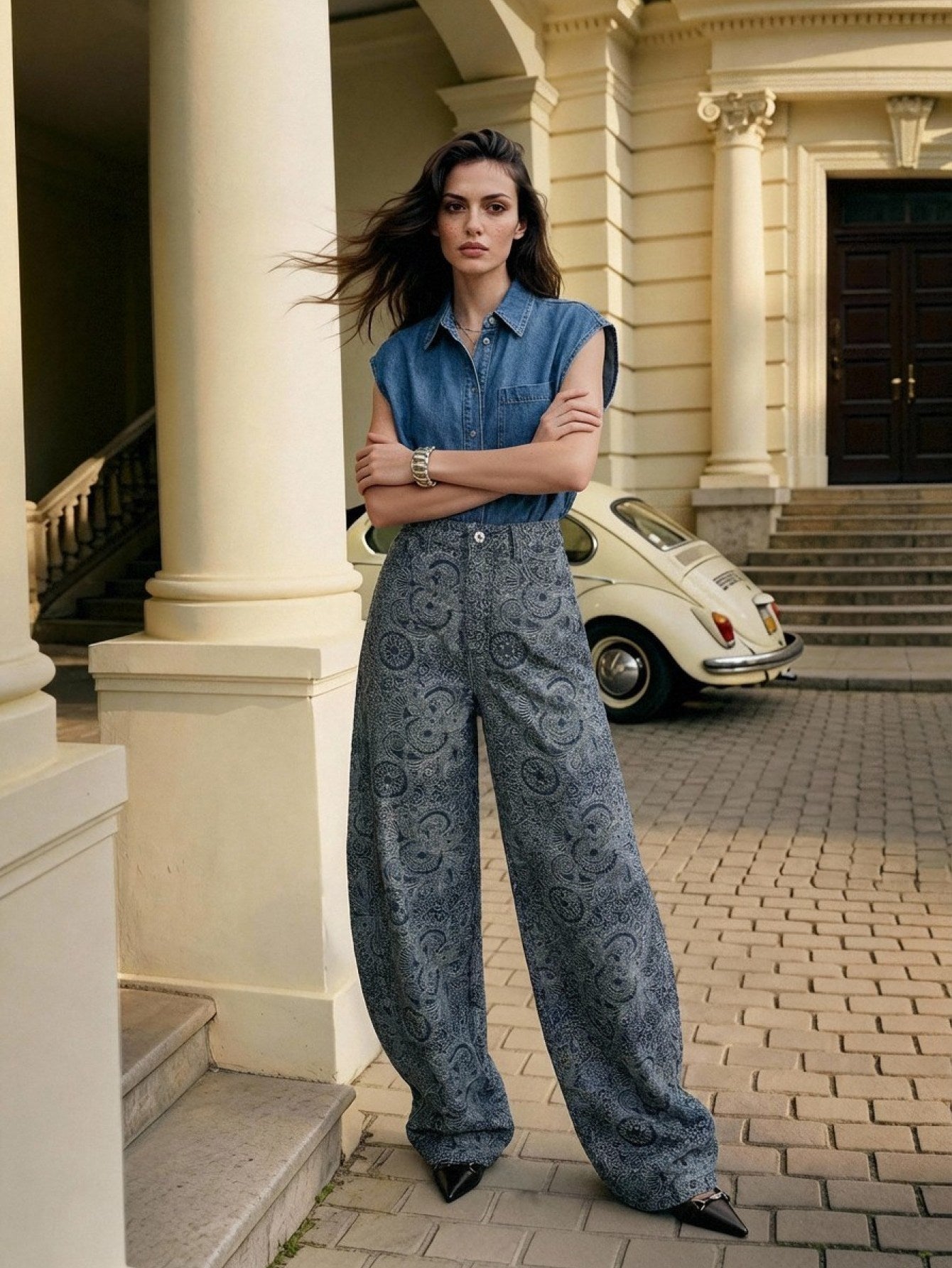 Printed High Waisted Wide Leg Jeans