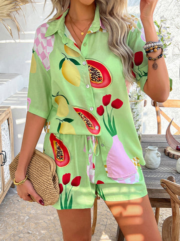 Short Sleeve Tropical Print Resort Shorts Set