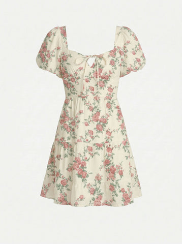 AYLA Floral Print Puff Sleeve Tiered Mini Dress